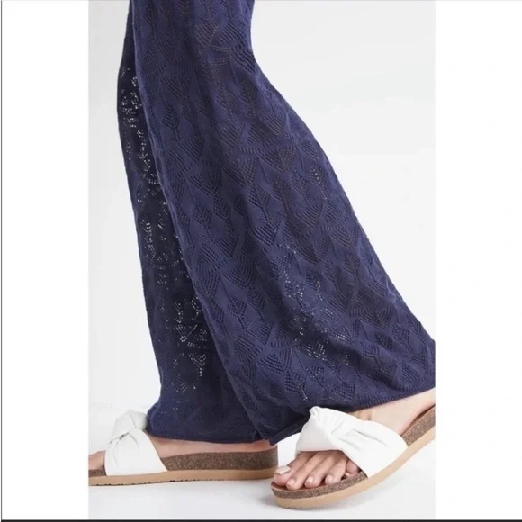 Anthropologie Navy Flat White Pointelle Wide Leg Pants Knit Size Medium NWT - Picture 4 of 9